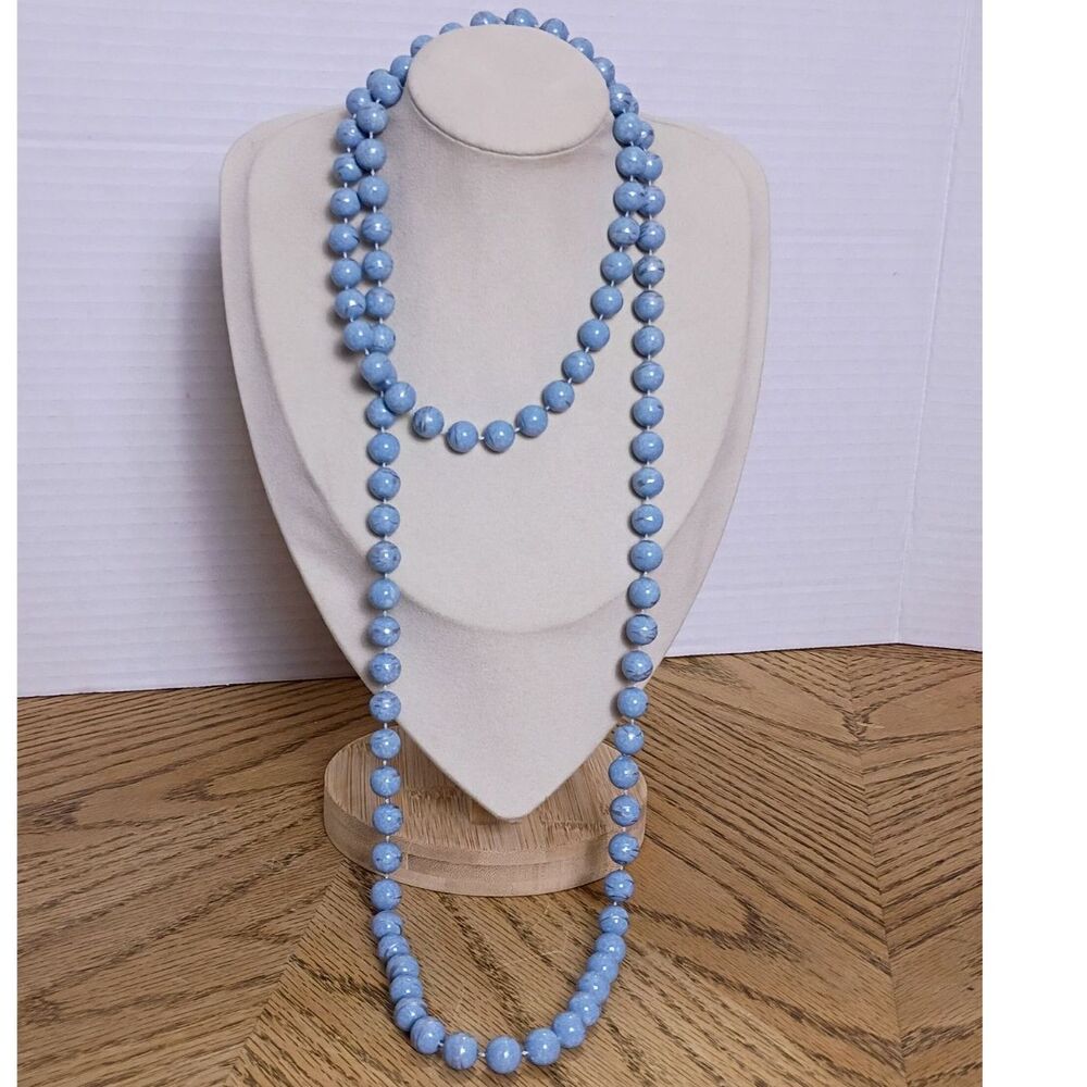Vintage Summertime Necklace Lightweight, Long Baby Blue Patterned Gumball Style